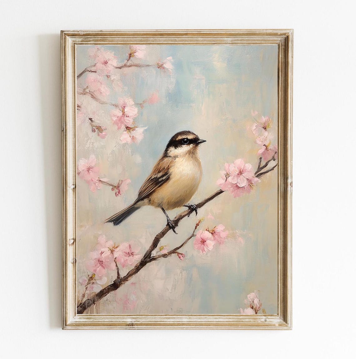 Songbird Perched on Cherry Blossom Branch Vintage Spring Wall Art