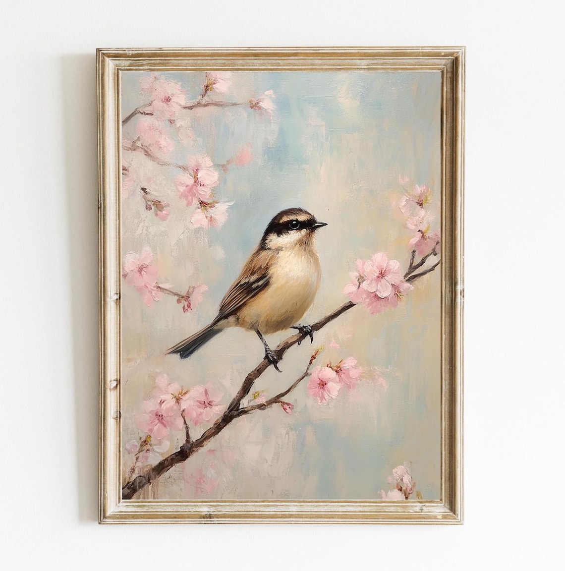 Spring Bird In Blossoming Tree Print Country Farmhouse Wall Decor Vintage Nursery E539