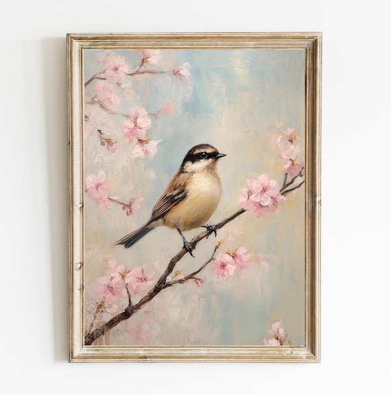 Songbird Perched on Cherry Blossom Branch Vintage Spring Wall Art