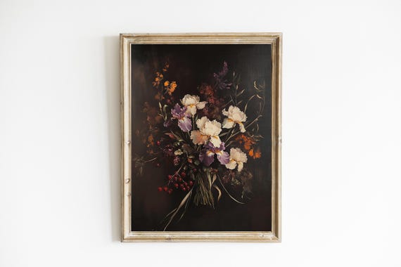 Moody Irises Print Vintage Still Life Dark Fall Floral Painting Botanical Wall Art E989