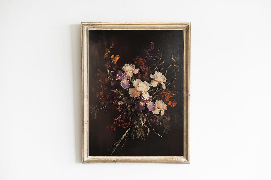Moody Dark Irises Vintage Still Life Purple Floral Painting Art Poster