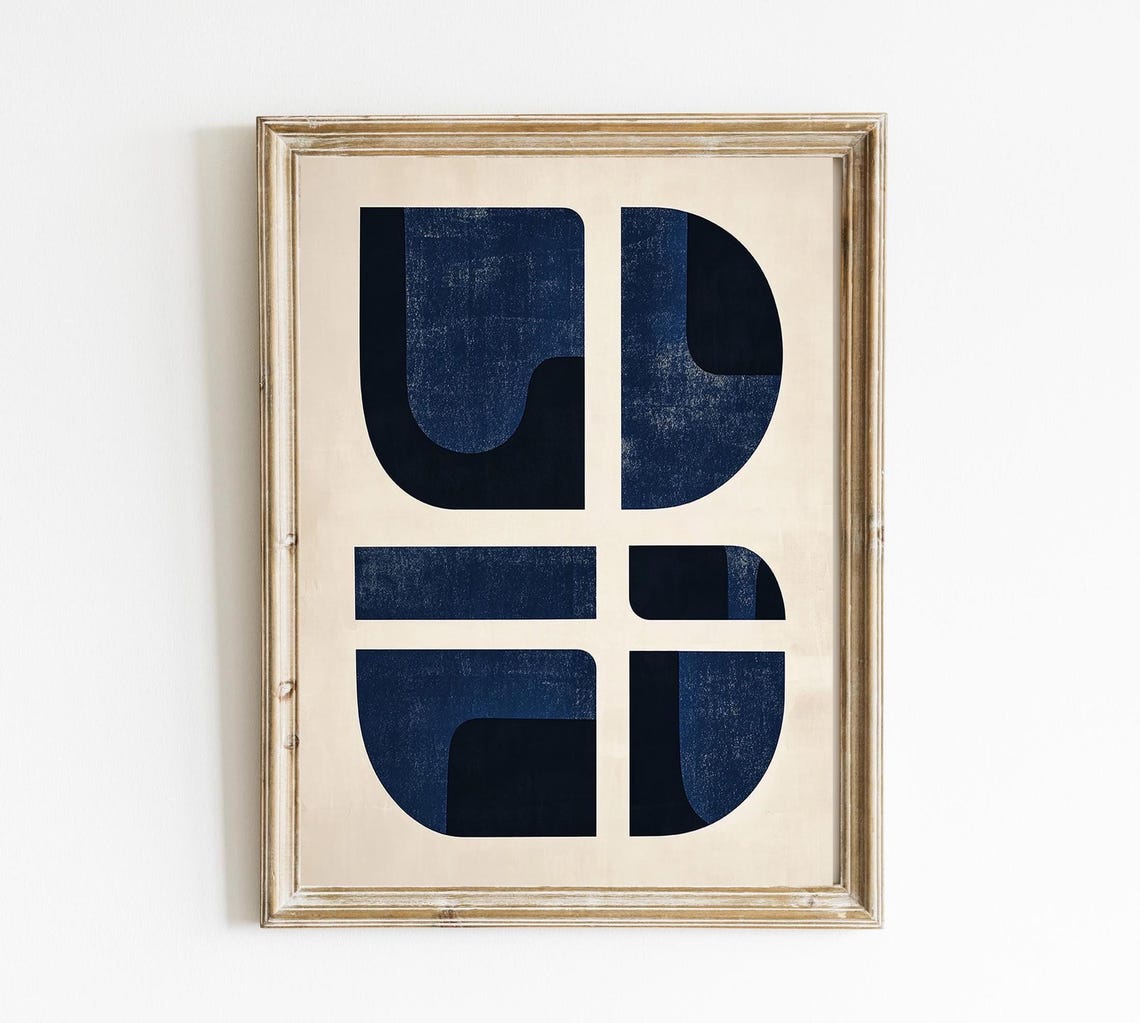 Navy Cream Six Block Grid Mid Century Modern Geometric Art Print