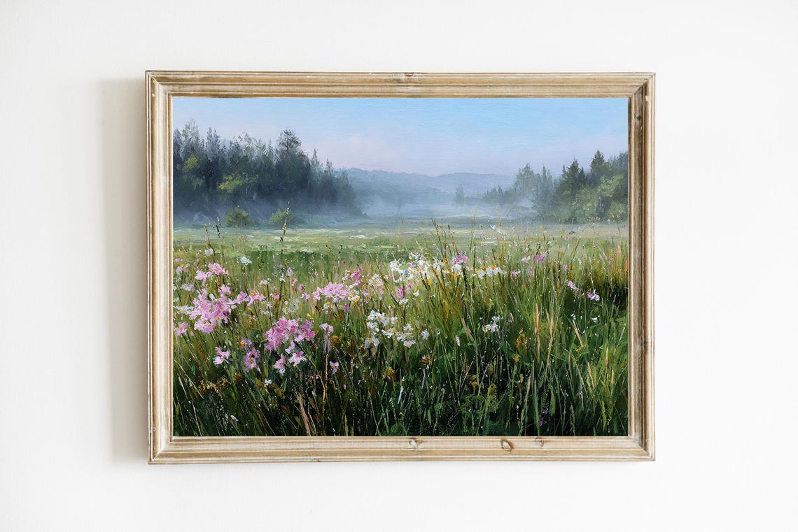 Spring Meadow Pink Wildflowers Misty Morning Vintage Art Poster