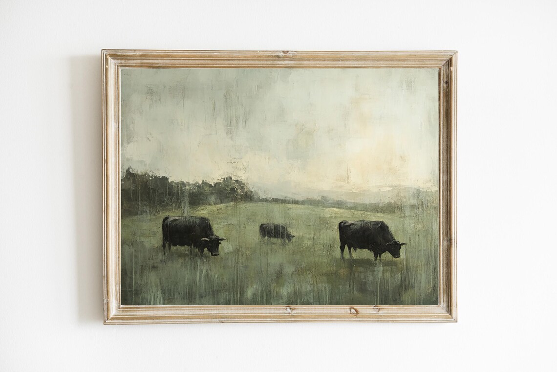 Black Cows Grazing Misty Green Meadow Vintage Oil Painting Poster