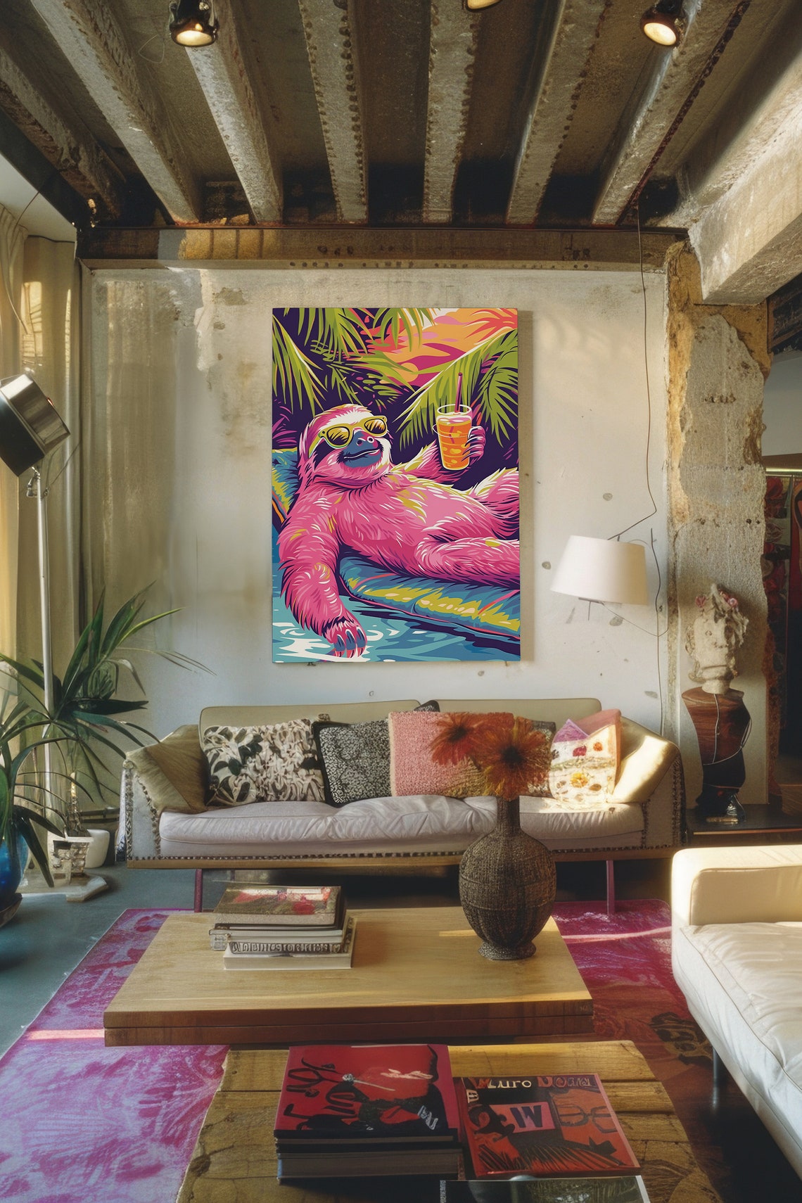 Trendy Cocktail Sloth Poster Wall Art Instant Maximalist Pop Art Print Holiday Themed Poolside Decor Furry Painting - Image 4
