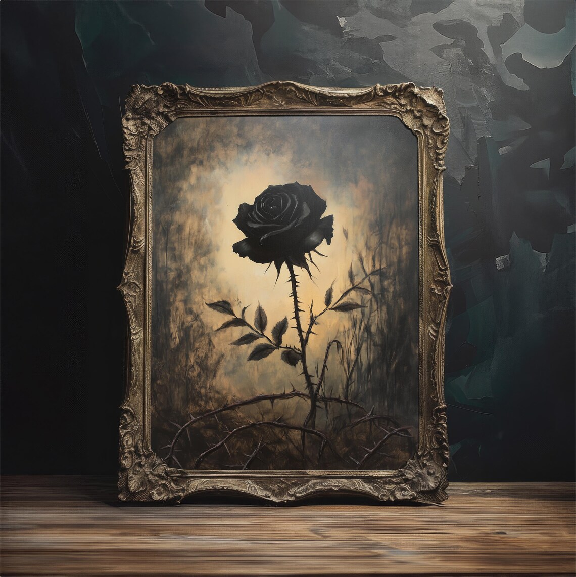 Black Rose in Gold Frame Gothic Romantic Floral Painting Poster - Image 3