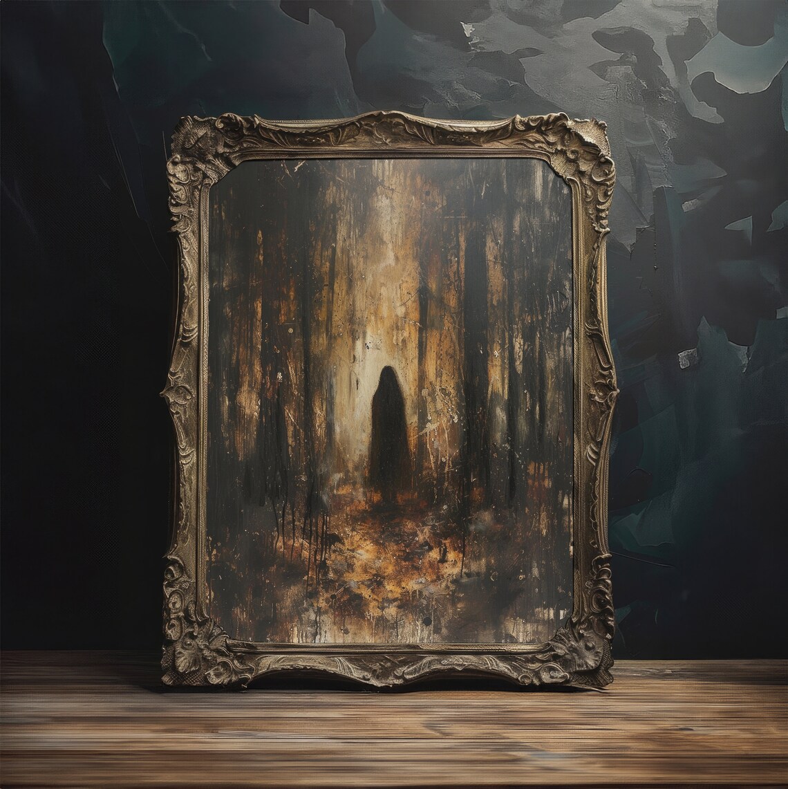 Hooded Witch Forest Silhouette Gold Black Grungy Vintage Painting Art Poster - Image 3