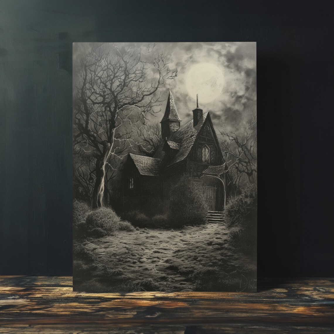 Haunted Gothic House Full Moon Night Charcoal Style Dark Witchy Art Poster - Image 4