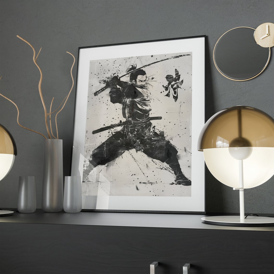 Samurai Warrior Ink Wash Art Black And White Japanese Sword Poster - Image 3
