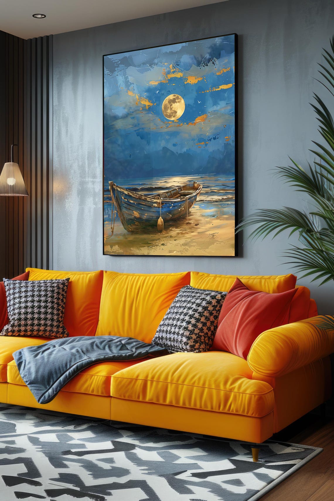 Full Moon Night Boat Beached Blue Coastal Scene Painting Print - Image 4