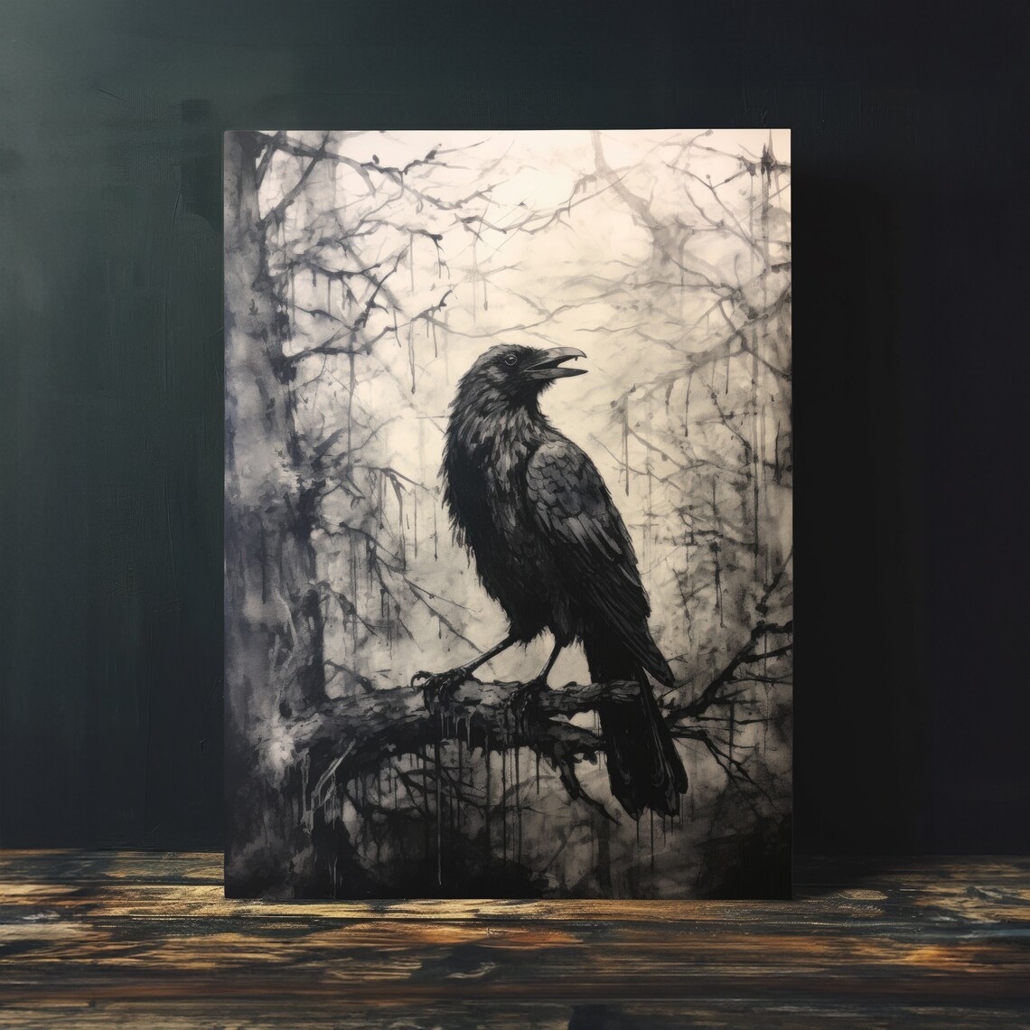 Black Raven Perched Misty Woods Branch Grungy Sepia Vintage Art Poster - Image 4