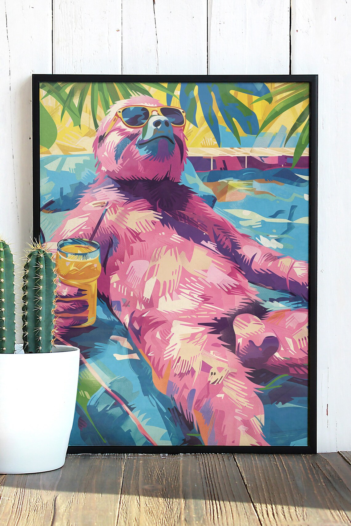 Pink Sloth Pool Party Pop Art Poster Tropical Maximalist Wall Decor - Image 3