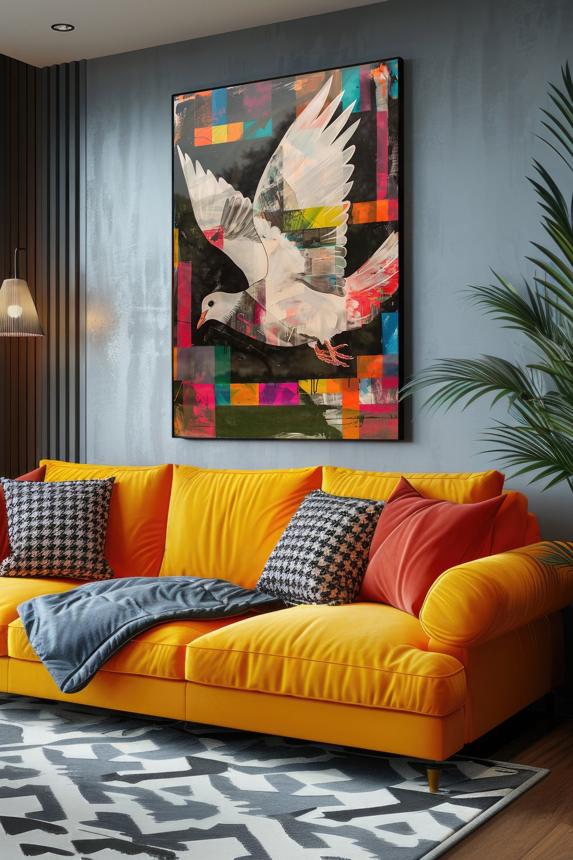White Dove in Flight Modern Mosaic Color Block Geometric Bird Poster - Image 4
