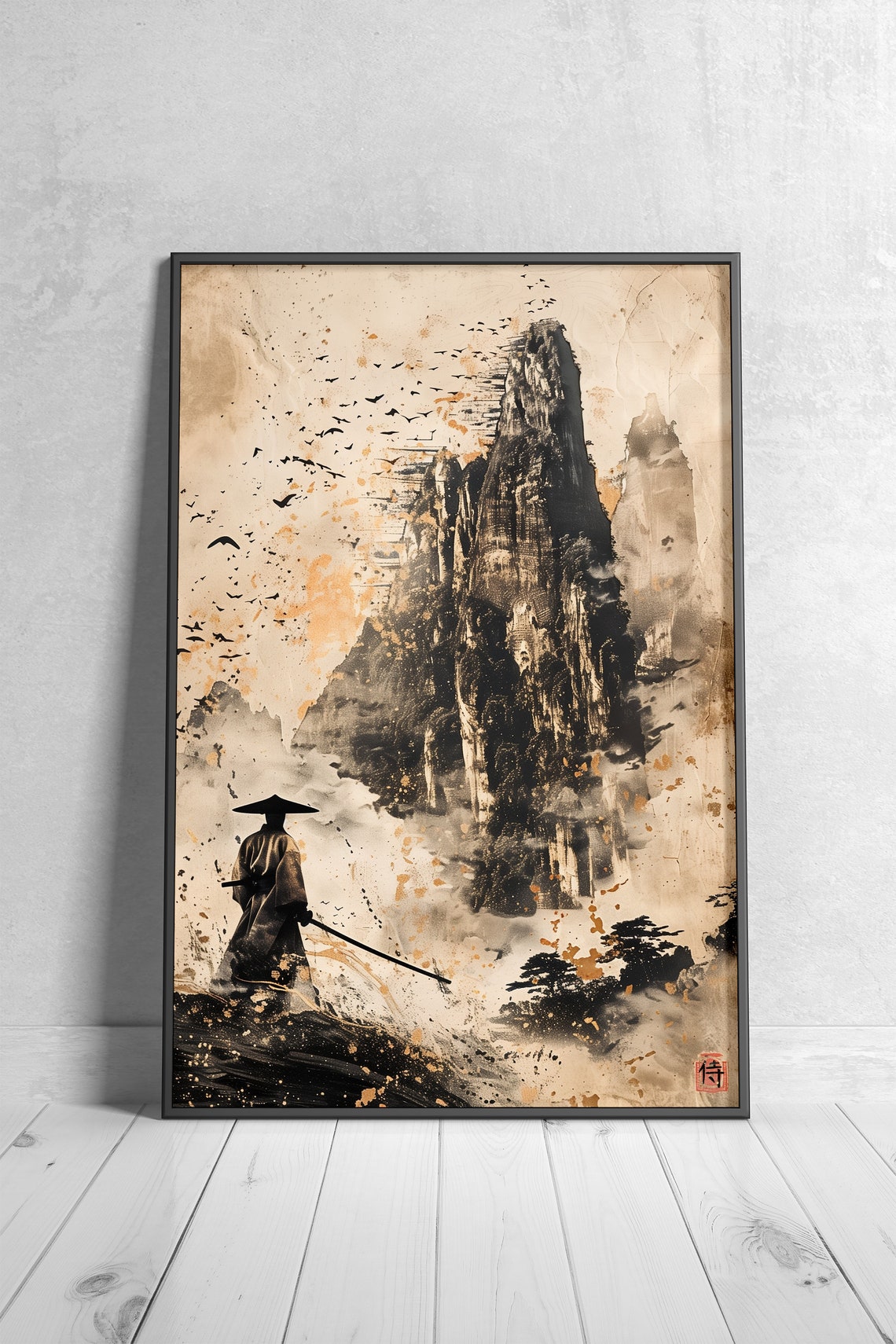 Japanese Vintage Mountain Landscape Samurai Sumi E Style Poster - Image 4