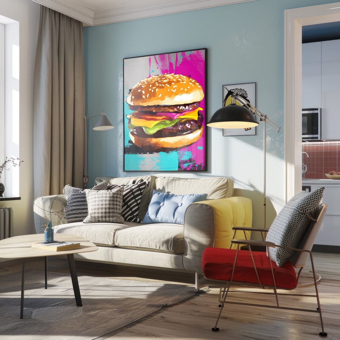 Cheeseburger Pop Art Teal Magenta Neon Style Kitchen Wall Art - Image 3