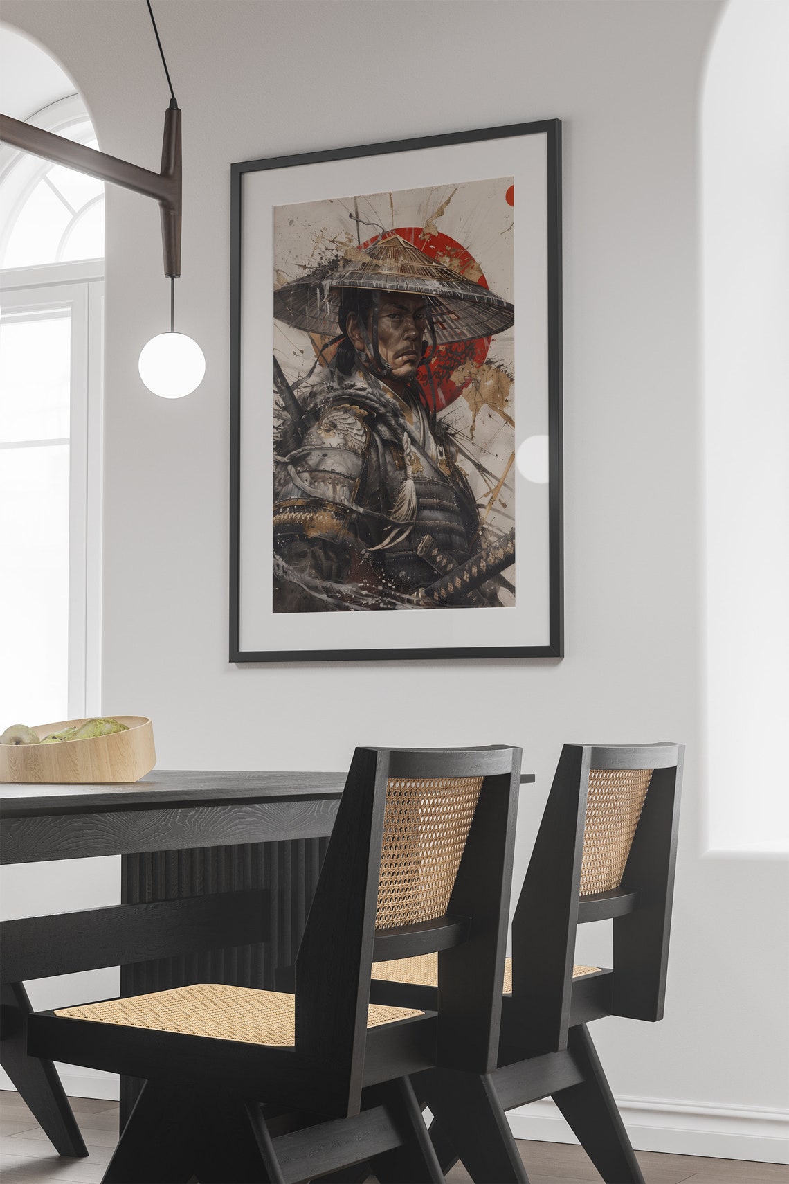 Samurai Portrait Art Straw Hat Red Sun Armor Warrior Painting Poster - Image 4