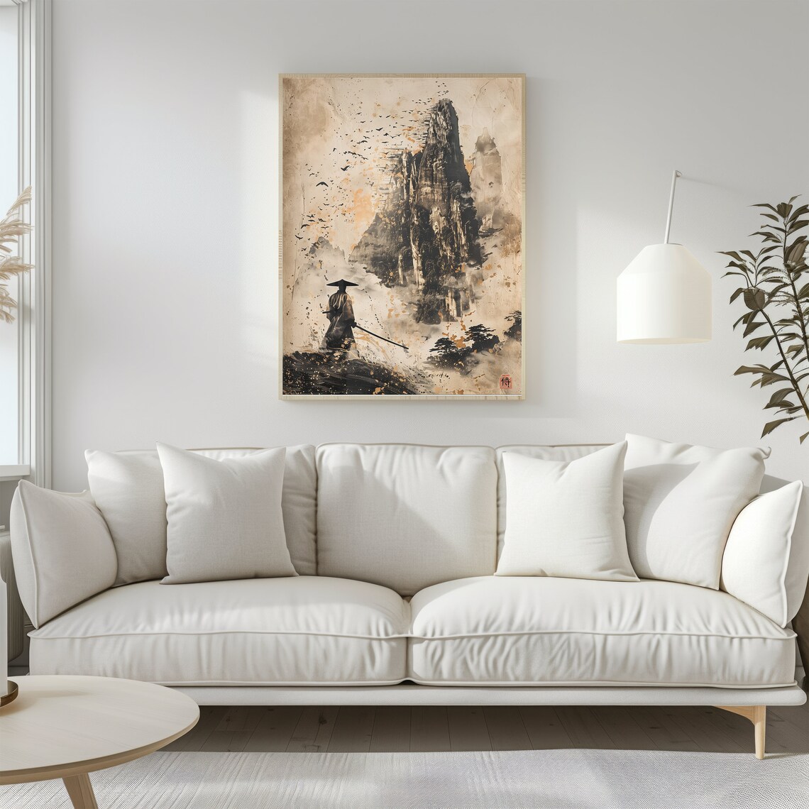 Japanese Vintage Mountain Landscape Samurai Sumi E Style Poster - Image 2