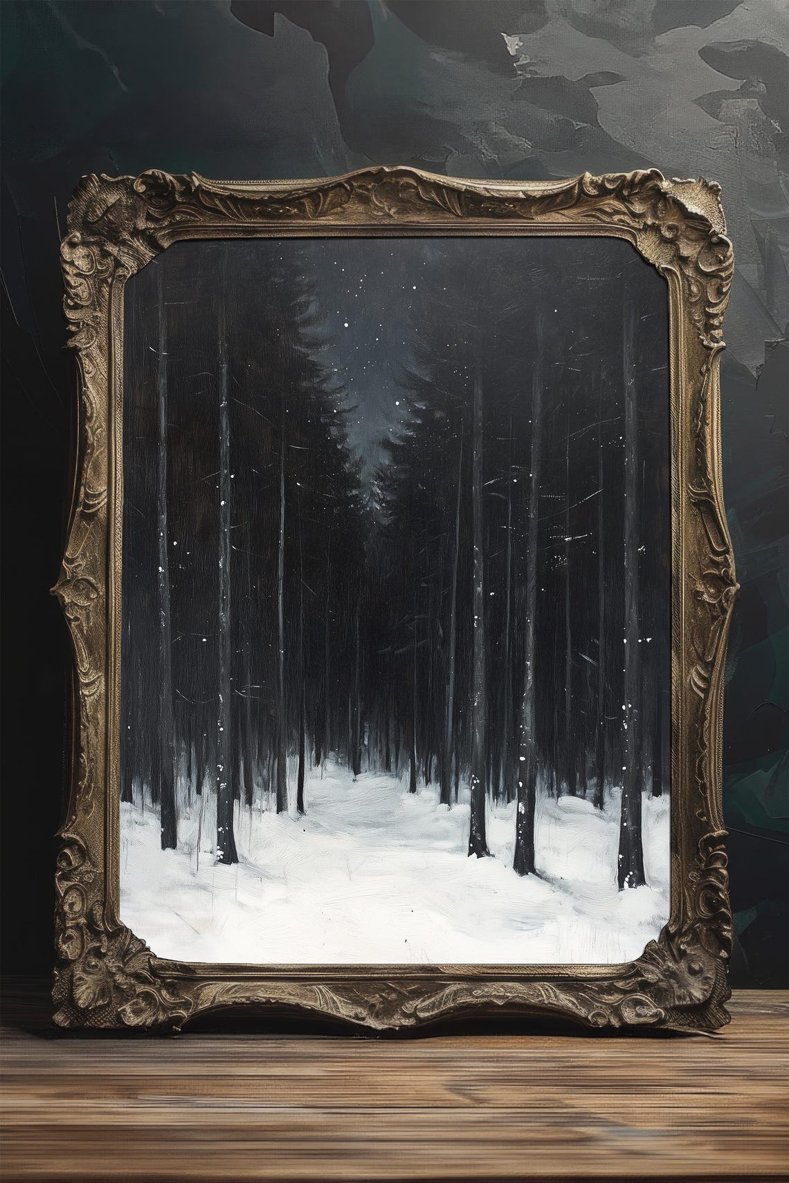 Snowy Night Forest Tall Pines Starlit Winter Landscape Painting Poster - Image 4