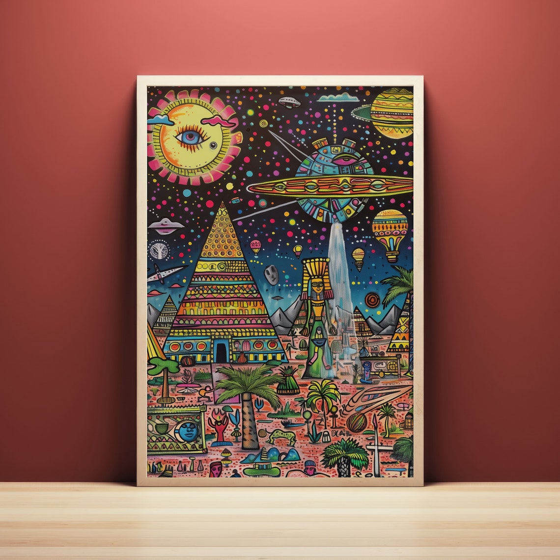 Surreal Ancient Egypt Art Poster Pyramids UFO Colorful Night Sky - Image 3