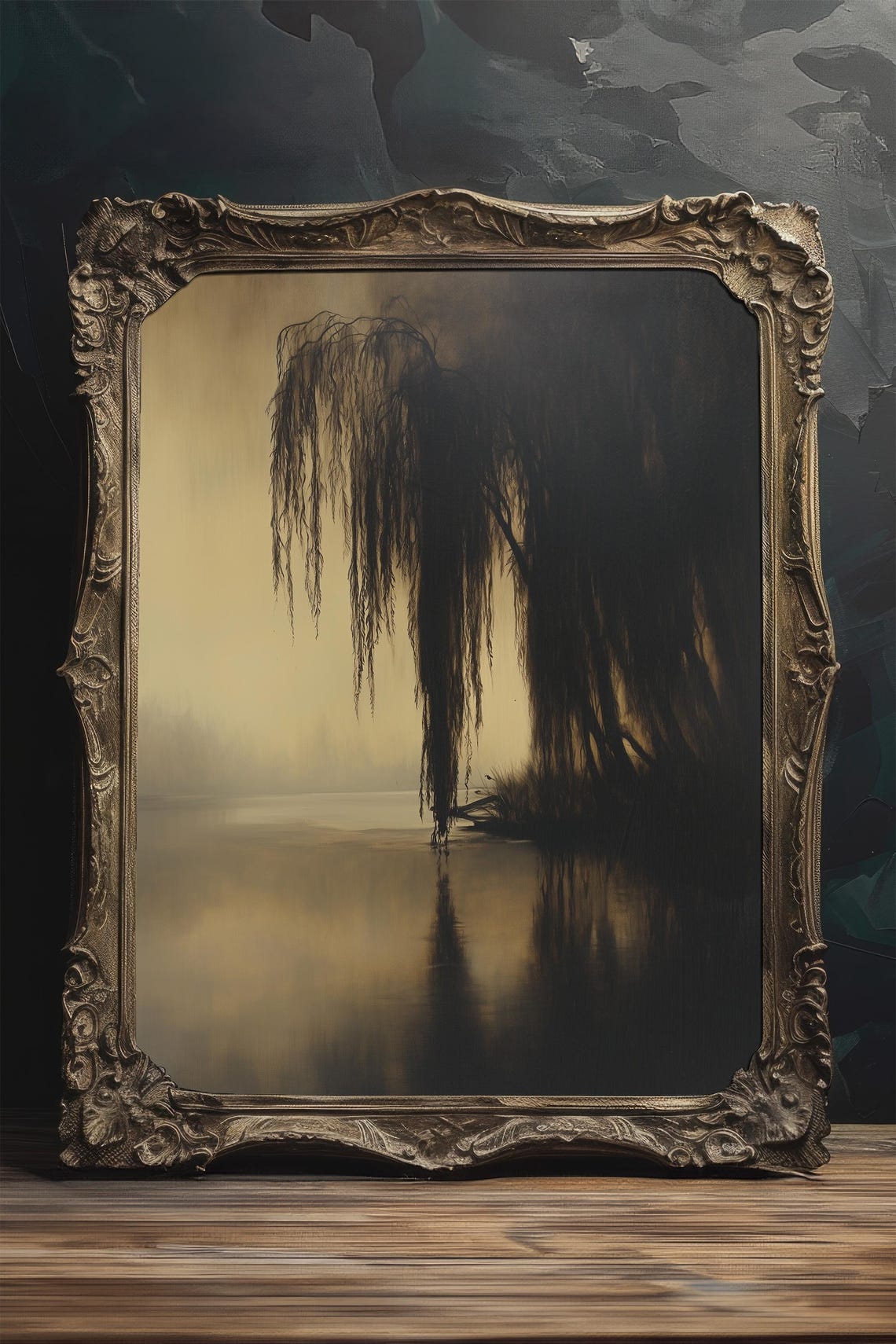 Old Willow Tree Dark Moody Lake Mist Cottagecore Painting Poster - Image 4
