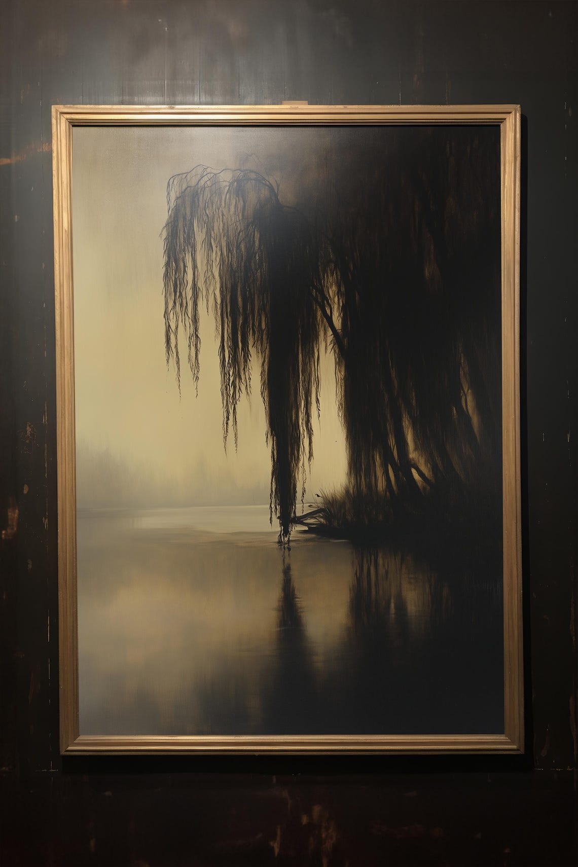 Old Willow Tree Dark Moody Lake Mist Cottagecore Painting Poster - Image 3