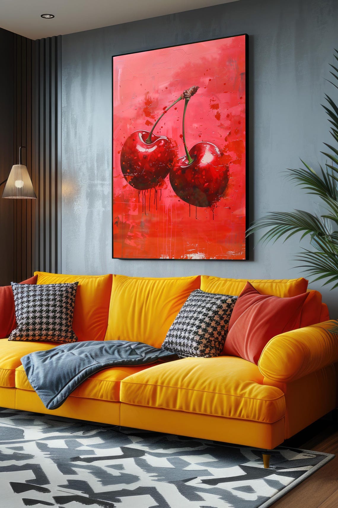 Red Cherries Abstract Fruit Painting Kitchen Wall Decor Print - Image 2