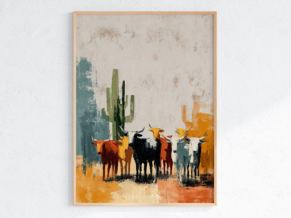 Abstract Cattle Herd And Cactus Poster Modern Southwest Wall Art Desert Longhorn Painting Rustic Ranch Decor Print Shared Walls
