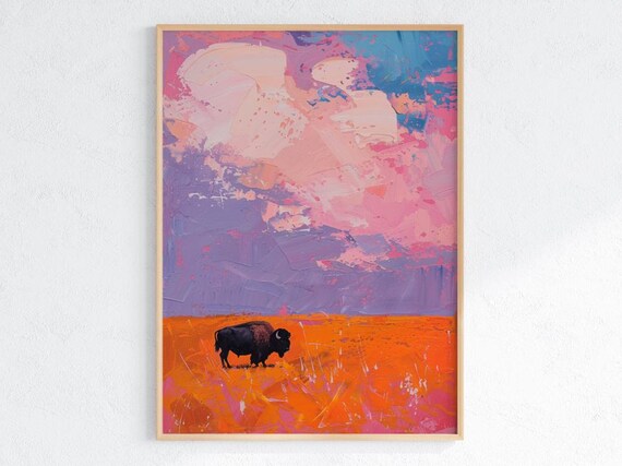 Colorful Bison Poster Western Prairie Wall Art In Pink And Orange Abstract Desert Animal Print For Ranch Boho Or Southwestern Decor