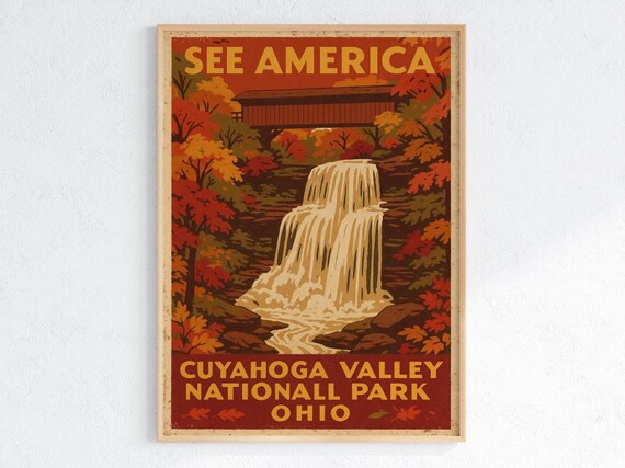 Cuyahoga Valley National Park Vintage WPA Style Autumn Falls Poster
