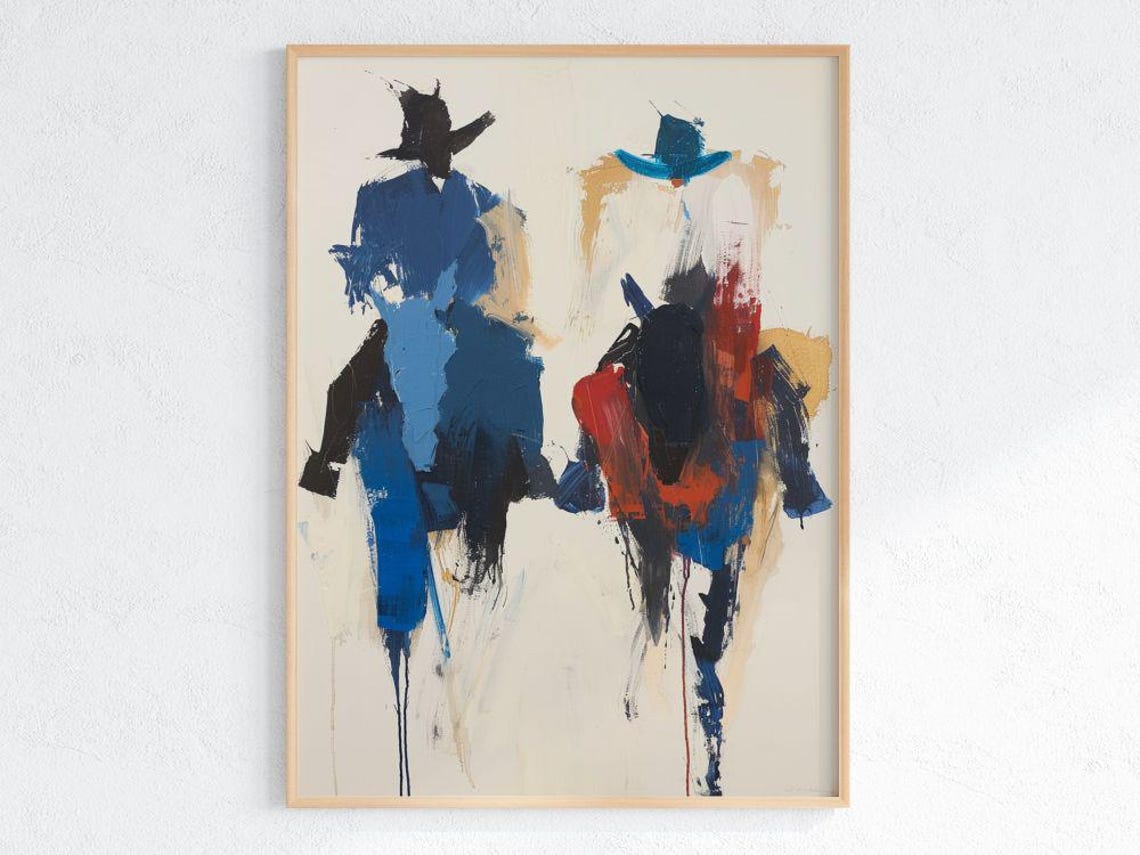 Two Cowboys Riding Abstract Expressionist Blue Red Paint Poster