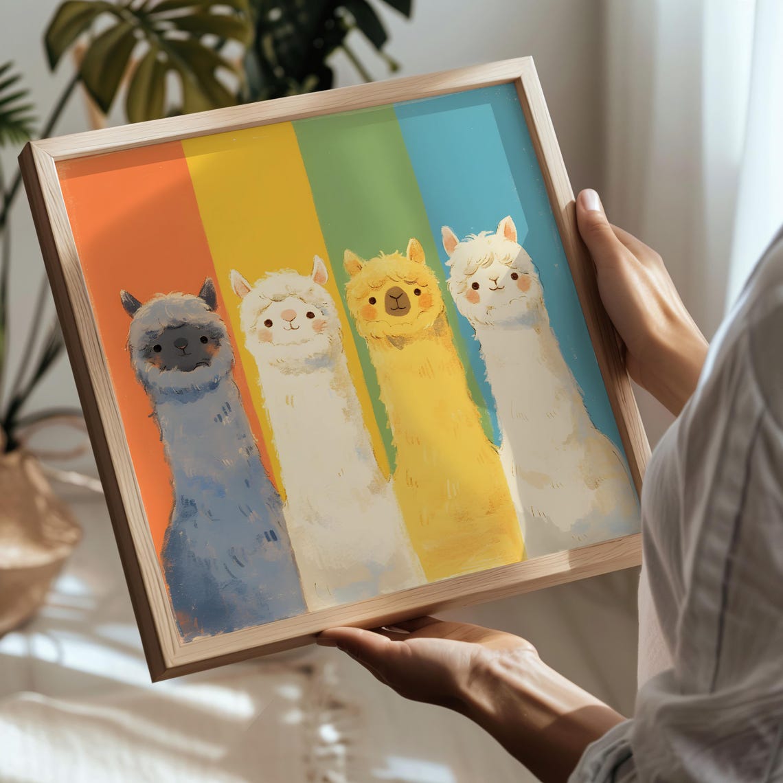 Four Cute Alpacas Against Rainbow Striped Background Nursery Wall Art - Image 2