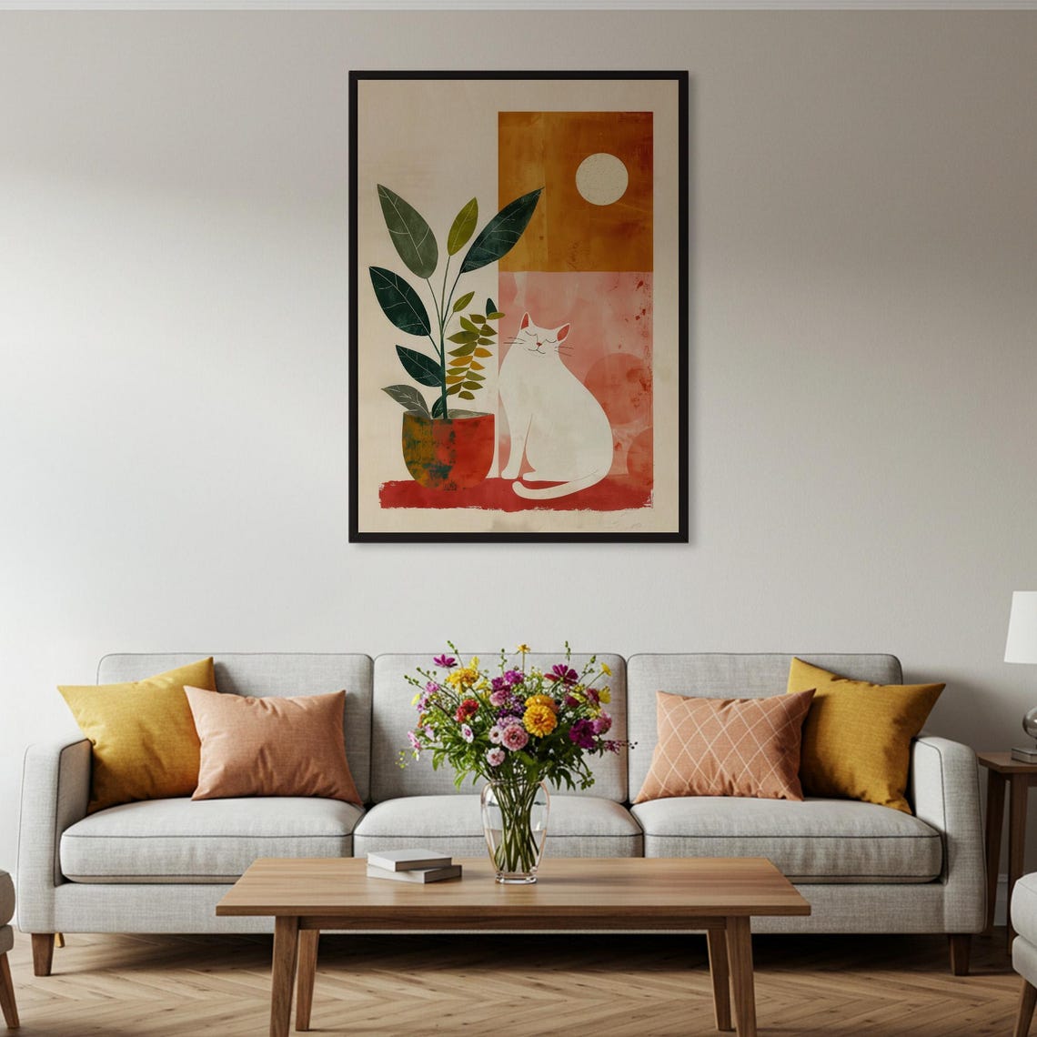 Abstract White Cat Potted Plant Terracotta Sun Boho Mid Century Print - Image 2