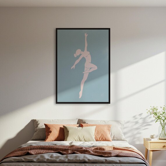 Minimalist Ballet Dancer Silhouette Leaping on Dusty Blue Modern Art Poster
