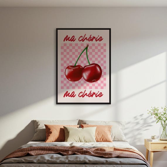 Ma Chrie Cherry Poster Pink Wall Art Fruit Illustration Print Retro Kitchen Decor Framed Or Unframed Home