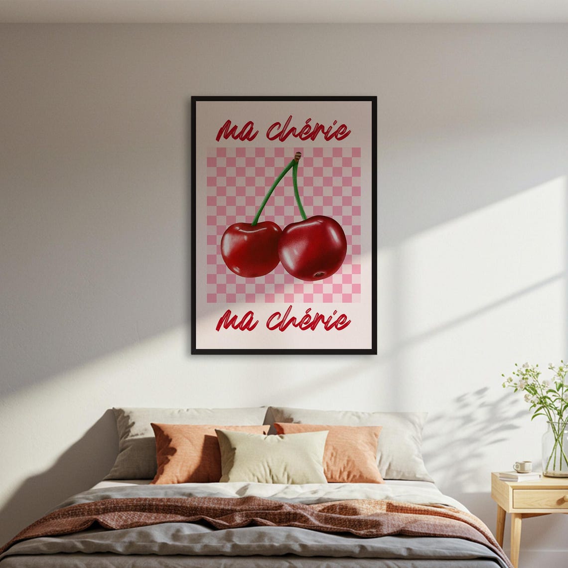 Ma Chérie Cherry Pink Checkerboard Retro French Kitchen Poster