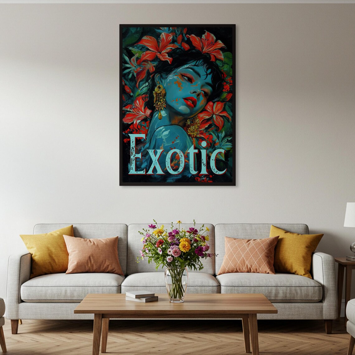 Exotic Blue Skin Woman Tropical Floral Portrait Vibrant Art Poster - Image 2