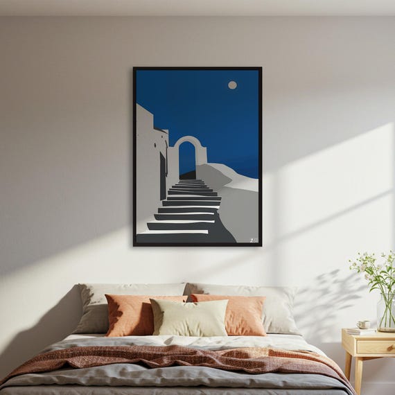 Minimalist Greek Island Poster Print Santorini Night Sky Wall Art Blue Moon Stairs Archway Decor Mediterranean Travel