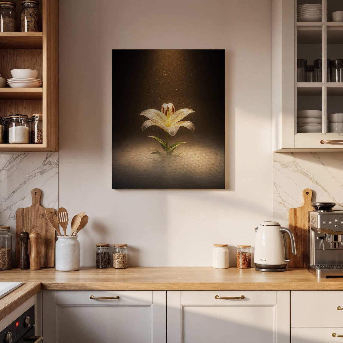 White Lily Flower Glowing Under Spotlight Dark Moody Floral Poster - Image 4