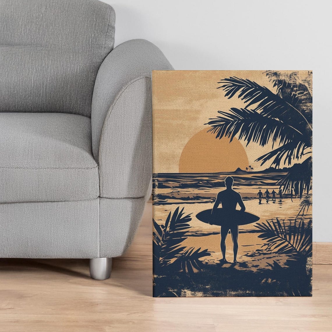Retro Surfer Sunset Silhouette With Palm Beach Coastal Poster
