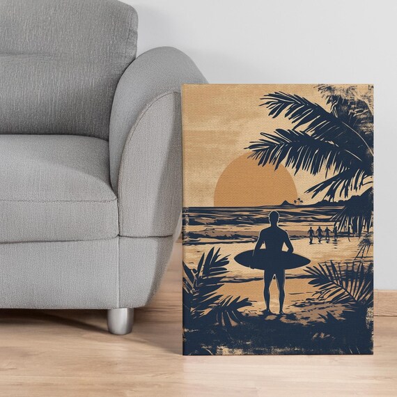 Retro Surfer Sunset Silhouette With Palm Beach Coastal Poster