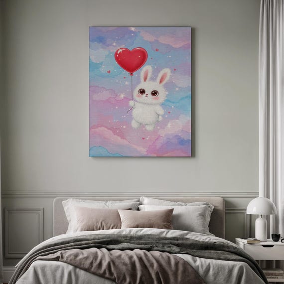 Cute Bunny Print Red Heart Balloon Pastel Nursery Dreamy Sky Art Whimsical Love Sweet Baby Animal Framed Kids Room Rabbit