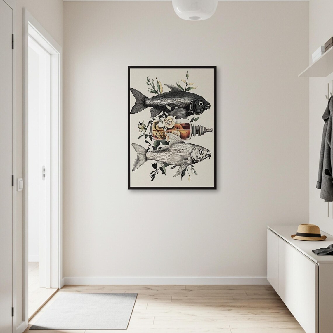 Vintage Fish And Bottle Art Print Nautical Wall Decor Poster Unique Illustration Steampunk Inspired Framed Or Unframed - Image 2