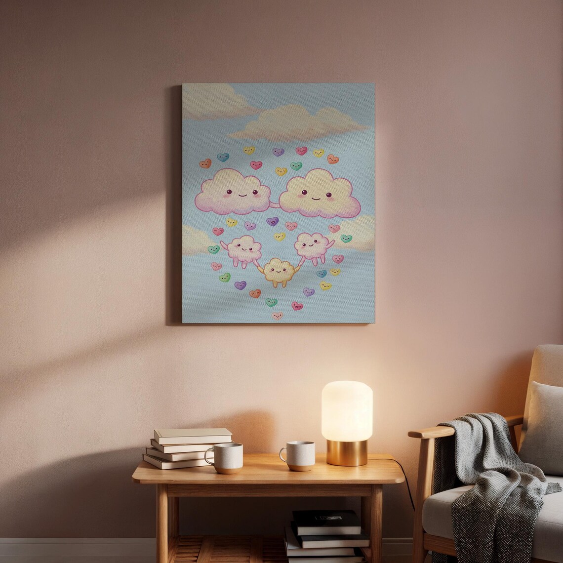 Cute Kawaii Smiling Clouds and Hearts Pastel Nursery Happy Art Poster - Image 2