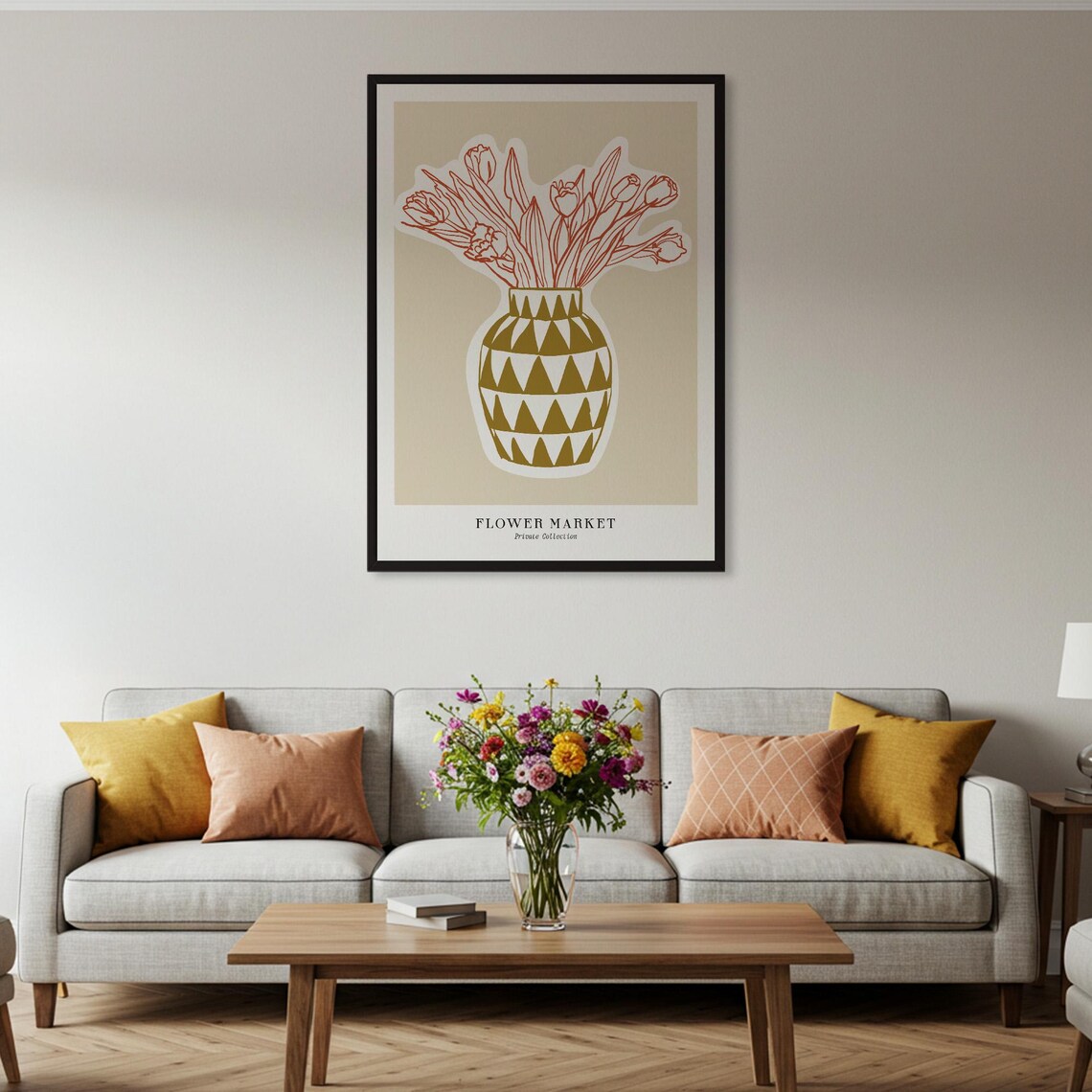 Flower Market Tulips Geometric Vase Orange Line Art Botanical Poster - Image 2