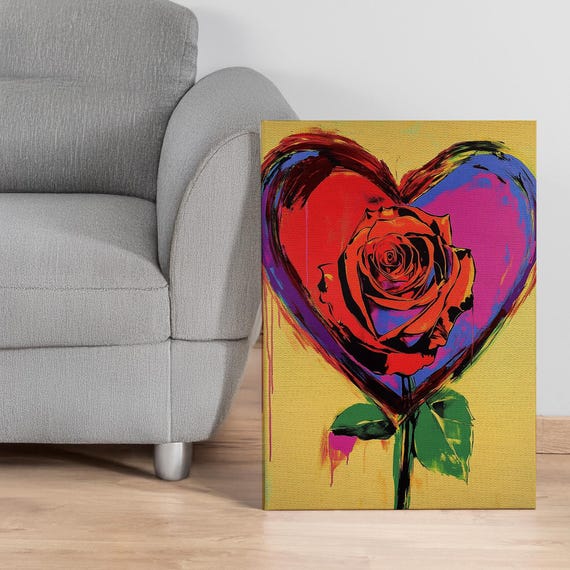 Pop Art Rose In Heart Canvas Wall With Bold Neon Colors Romantic Modern Love Print For Bedroom Gift Or Colorful Home Statement Decor
