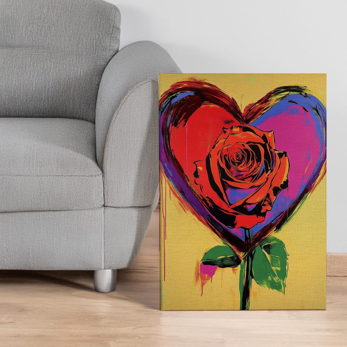 Pop Art Rose Red Heart Bold Neon Romantic Modern Flower Canvas Print