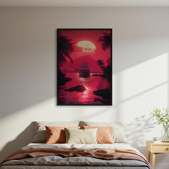 Tropical Sunset Ship Poster, Ocean Landscape