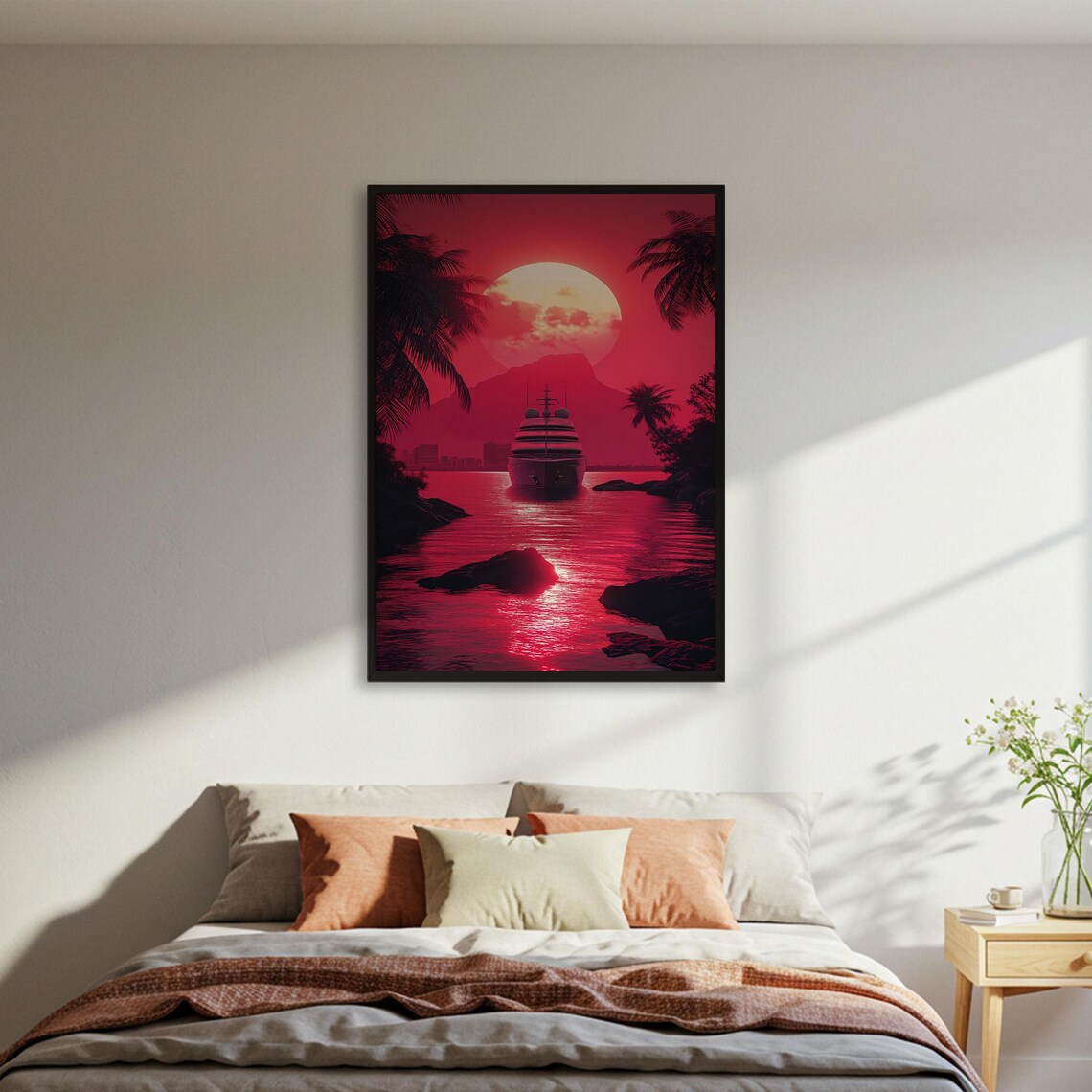 Tropical Sunset Ship Poster, Ocean Landscape