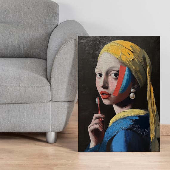Modern Pop Art Girl With A Pearl Canvas Wall Funny Mashup Of Classic Portrait Toothbrush For Bold Living Room Or Office Decor