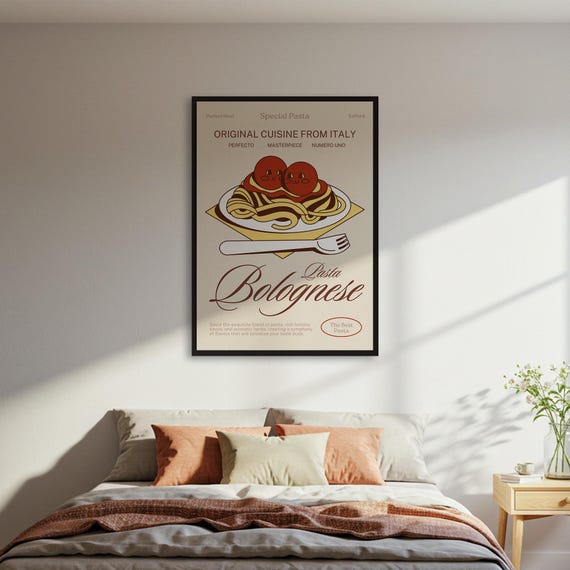 Pasta Bolognese Poster Print Vintage Italian Food Ad Wall Art Funny Meatball Kitchen Decor Retro Cuisine Illustration